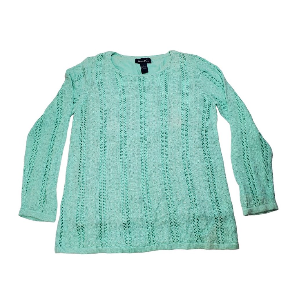 Denim & Co Crochet Lace Knit L/S Shirt Top L Aqua Lined Cottagecore Striped